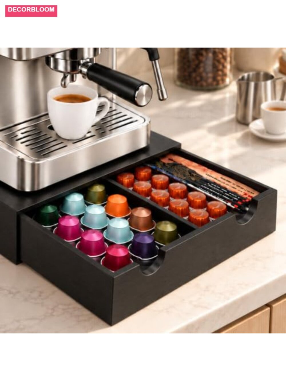 Wooden Coffee Pod Drawer Holder 30 Pod Capacity K-Cup Vertuo Storage